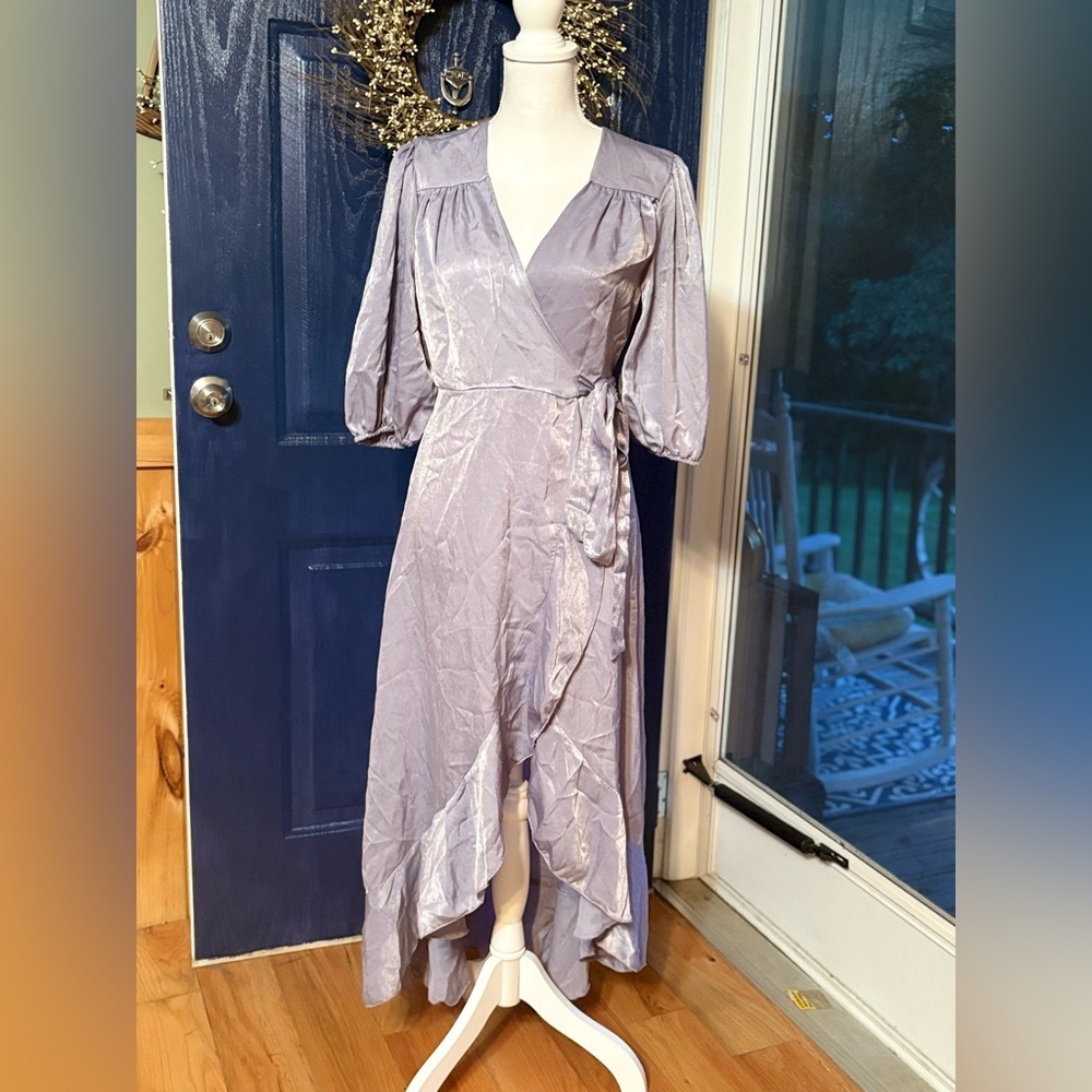 Flounce London puff sleeve maxi wrap dress in light blue satin. Size 8 NWT